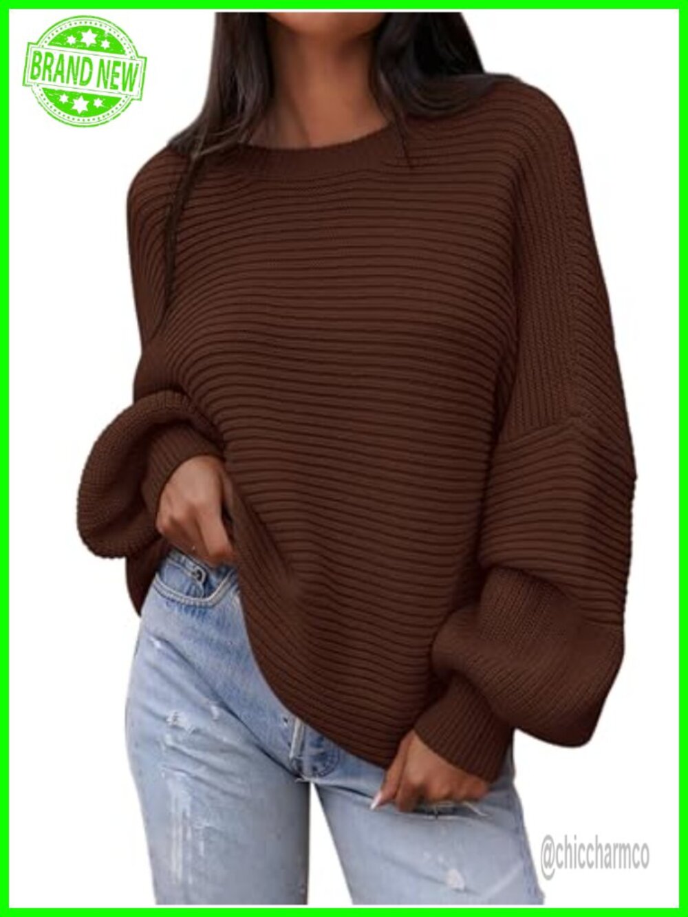 Oversized Chunky Knit Sweater Crewneck Lantern Sleeve Pullover